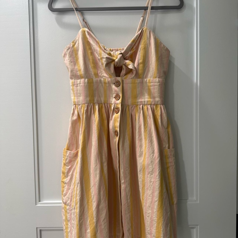 Roxy Yellow and Pink Striped Wooden Button-Up & Tie Short/Mini Dress - Picture 5 of 8